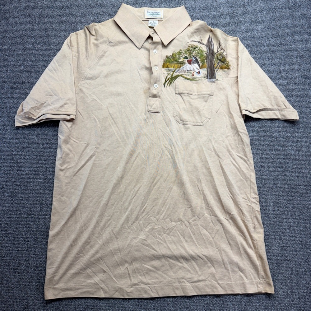 Tournament by Arrow Mens Tan Mallard Duck Hand Painted Polo Shirt Large Pocket